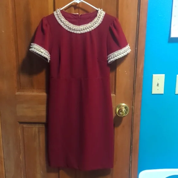 Betsey Johnson Burgundy Midi Dress with Cream Trim 4 - Picture 1 of 6